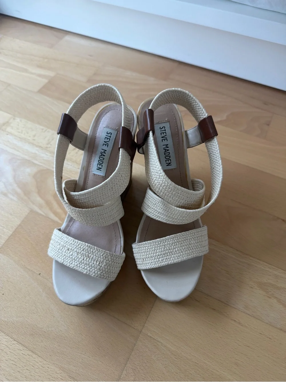 Steve Madden Cream Woven Strap Wedge Sandals with Brown Accent